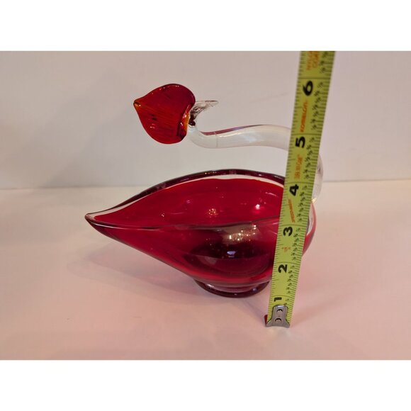 Murano-Style Red & Clear Glass Swan Bowl Sculpture 6" Tall Decorative Collectibl - Picture 6 of 7
